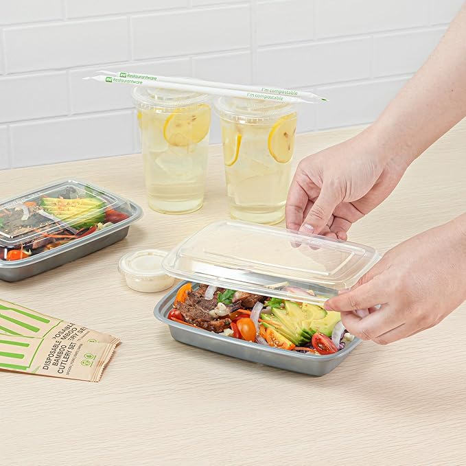 Restaurantware Asporto 16 Ounce Take Out Containers, 100 Food Containers With Lids - Microwavable, Disposable, Silver Plastic To Go Food Containers, No BPA, For Take Out And Delivery