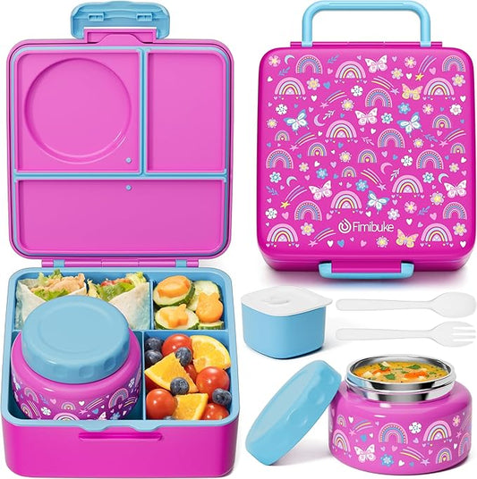 Fimibuke Bento Box for Kids Adult, BPA Free & Leakproof Toddler Lunch Box with 8.5oz Insulated Thermos Food Jar, Utensils & Sauce Jar, Dishwasher Safe 3 or 4 Compartment Container for School Girl Boy