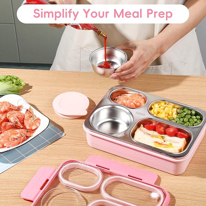36-oz Lunch Box Containers Stainless Steel Bento Box for Adults with 4-Compartment Snack Tray, Soup Bowl with Lid & Metal Spoon, Dishwasher Safe, Easy to Carry, Pink