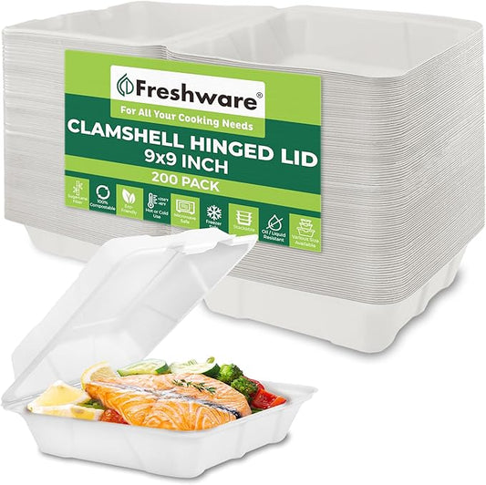 Freshware Compostable Clamshell Take Out Food Containers [9x9" 200-Pack] Disposable To Go Containers, Biodegradable Sugarcane To Go Boxes - Paper Food Containers - Microwave & Freezer Safe, Stackable