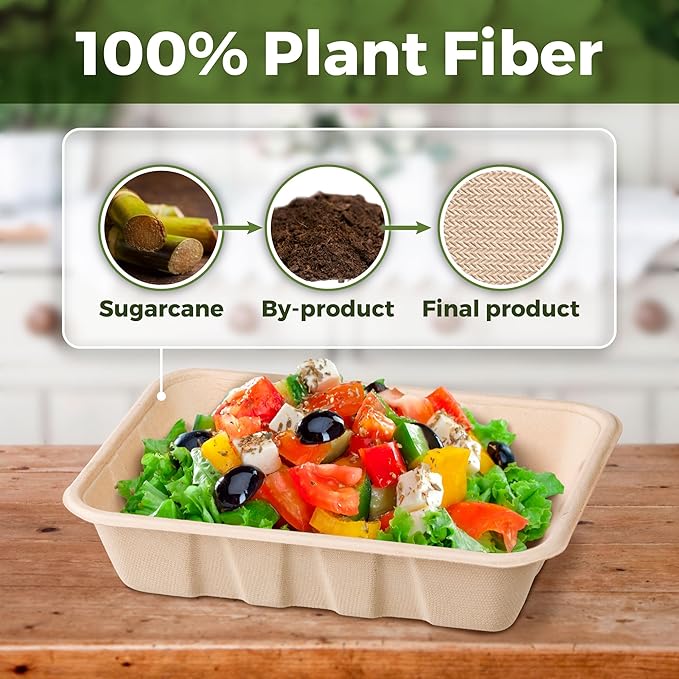 [100 COUNT]Harvest Pack 32 oz PFAS FREE Disposable Food Trays, 8.49" x 6.45" x 1.86"Compostable Food Container Bagasse Serving Trays, from Sugarcane Eco-Friendly Plant Fibers, No Lids included