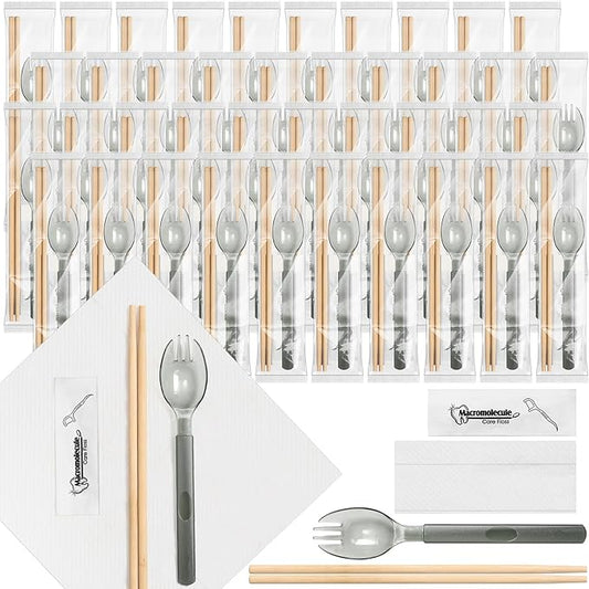 Tioncy 100 Packs Disposable Chopsticks Cutlery Set Bulk Cutlery Packets Include Sporks Napkins Floss Picks and Chopsticks Individually Wrapped Travel Cutlery Set for Party, Banquet, Wedding