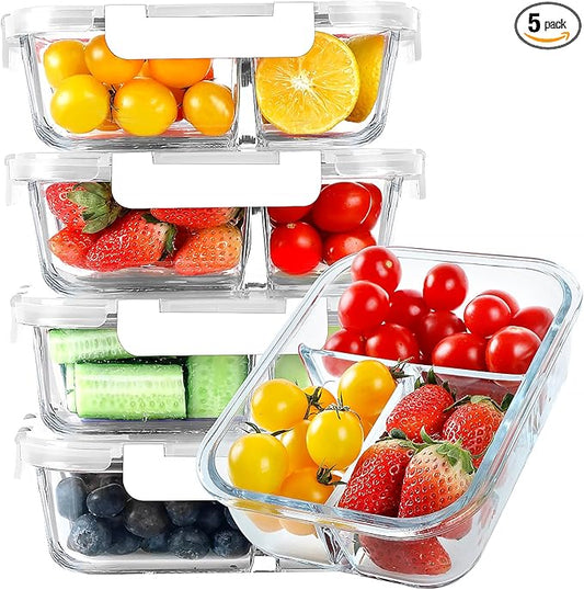 Glass Meal Prep Containers 3 Compartments, 5 Pack 36 oz, Glass Food Storage Containers with Lids, Airtight Lunch Bento Box, Portion Control, Freezer and Microwave Safe, White