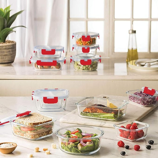 FineDine 12 Piece Glass Storage Containers with Lids - Leak Proof, Dishwasher Safe Glass Food Storage Containers for Meal Prep or Leftovers, Red