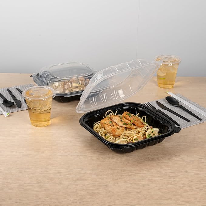 Restaurantware Thermo Tek 40 Ounce Clamshell Containers, 50 Disposable Take Out Boxes - Ventilated Lids, Microwavable, Black Plastic Meal Prep Containers, For Pastas, Salads, Or Sandwiches