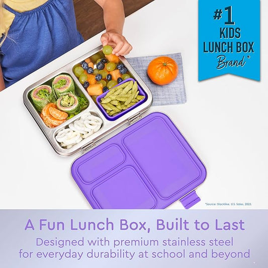 Bentgo Kids Stainless Steel Leak-Resistant Lunch Box - 3-Compartments with Bonus Silicone Container, Durable, Eco-Friendly, Dishwasher Safe, BPA-Free, Ideal for School, Ages 3+ (Purple)