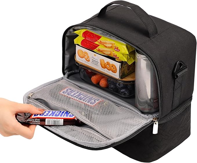 NISHEL Lunch Bag for Women, Insulated Two Separate Compartments Meal Box with Adjustable Shoulder Strap, Leakproof Cooler Case for Work, Black