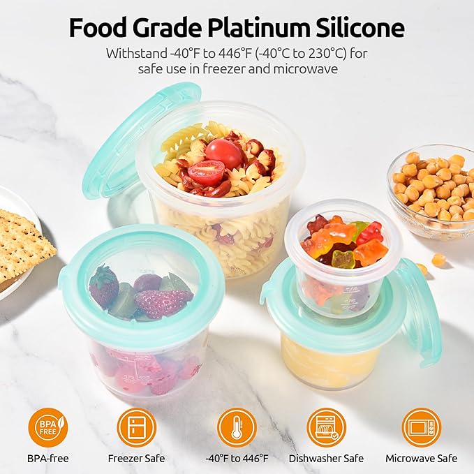 U-Taste Silicone Food Storage Containers Set: Meal Prep Box with Airtight Lid, Freezer & Microwave Safe, Date Marking Circle, Clear cup/oz/ml Measurement for Dry & Wet Deli (2oz/4oz/8oz/16oz, Teal)