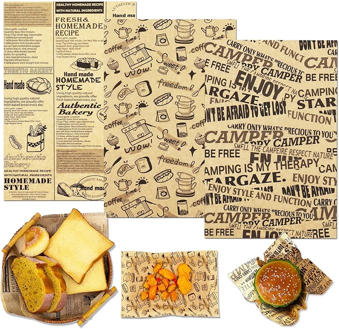 OTOPETE 300Pcs Food Paper Sheets, 12"x7.8" Greaseproof Paper Sheets, Three Patterns Kraft Paper, Food Basket Liner, Tray Liner, Wrapping Bread Hamburger Sandwiches, for Family, Bakery, Picnic, Party