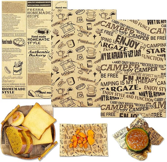 OTOPETE 300Pcs Food Paper Sheets, 12"x7.8" Greaseproof Paper Sheets, Three Patterns Kraft Paper, Food Basket Liner, Tray Liner, Wrapping Bread Hamburger Sandwiches, for Family, Bakery, Picnic, Party