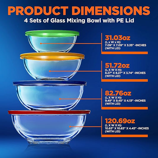 NutriChef 4-Pack Glass Mixing Bowls with BPA-Free Lids, Stackable Nesting Salad Bowls (1QT, 1.6QT, 2.5QT, & 3.7QT), Prepping and Baking Food Storage Set, Dishwasher, Freezer, & Microwave Safe