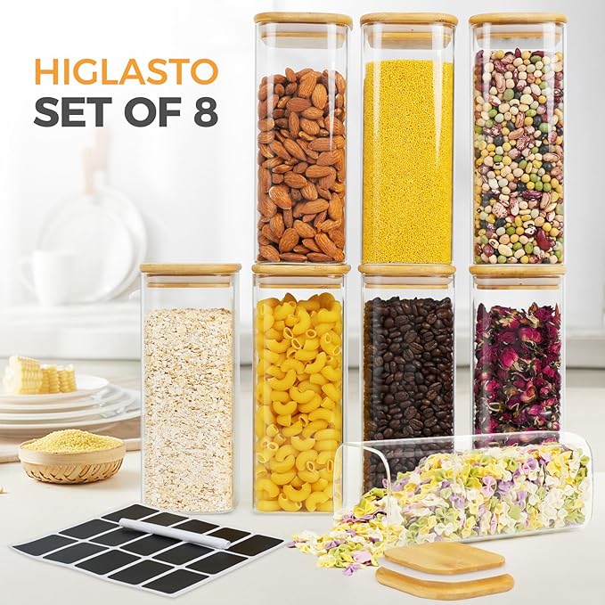 Glass Jars with Bamboo Lids 34 FL OZ, 8 Pack Glass Canisters with Airtight Lid, Square Glass Kitchen Storage Containers for Pasta, Cereal, Coffee, Flour, Sugar, Oats, Beans