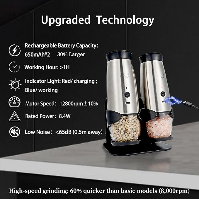 Electric Salt and Pepper Grinder Set with Safe Base, Automatic Mill by Gravity,Adjustable Coarseness with LED,Larger Rechargeable Battery,Easy filling,2 Pack Stainless Steel Kitchen Tools