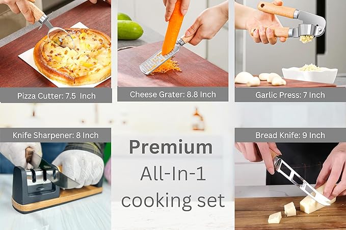 10-Piece Wooden Handle Kitchen Utensils Set, Stainless Steel Cooking Utensils Set, Ergonomic Design, Durable and Comfortable Grip With Knife Sharpener, Garlic Press, Can Opener, Pizza Cutter