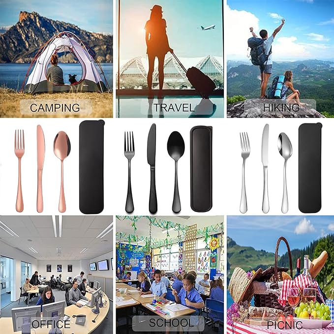 Portable Travel Utensils Set with Case,Reusable Office Flatware Set,Healthy Travel Cutlery Set 3 PCs Stainless Steel Fork, Spoon,Knife Cutlery Ideal for Travel, Lunch Box and Camping (Rose Gold-3PCs)