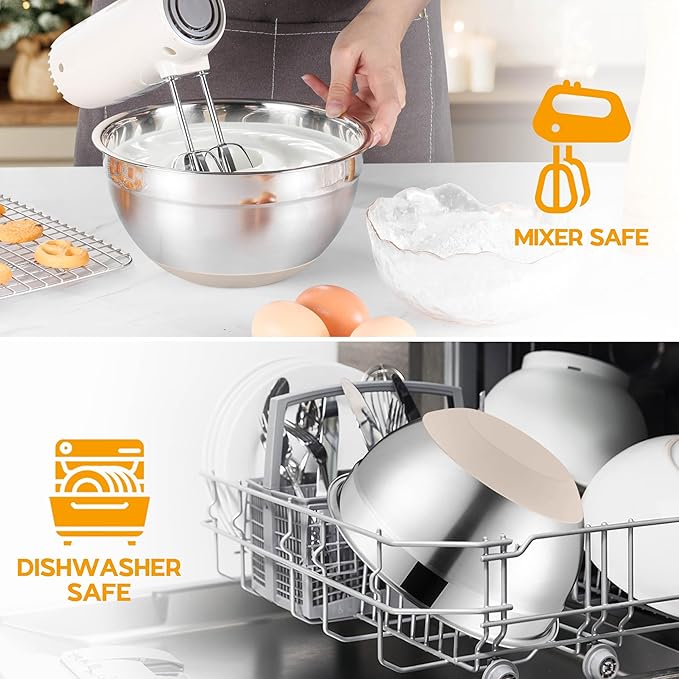 Mixing Bowls with Lids Set of 6 Large Metal Nesting Mixing Bowls Stainless Steel Non-Slip Salad Bowl Khaki – Size 1, 1.5, 2, 2.6, 3.5, 7QT