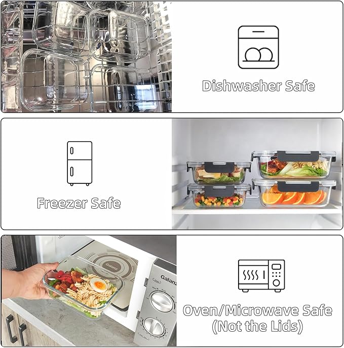 YANGNAY Glass Food Storage Containers Set of 12, Glass Meal Prep Containers with Airtight Lids, Dishwasher Safe, 6 Sizes
