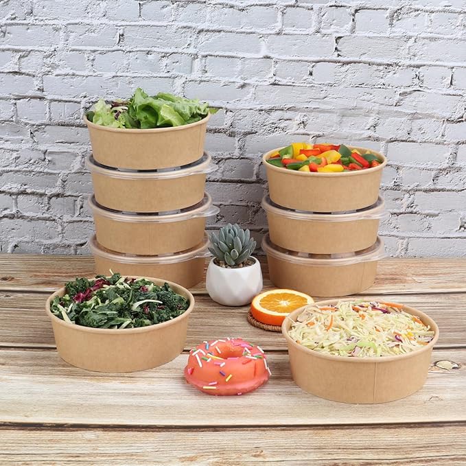 17 oz Disposable Kraft Paper Bowls with Lids, Food Containers for Soup, Party Supplies, Treat Bowls - 50 Pack