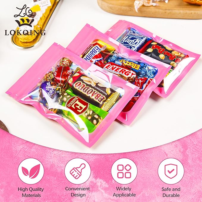 100 Pcs Mylar Bags Pink Holographic Bags with Clear Window Resealable Bags for Food Storage Packaging for Small Business(4×6Inch)