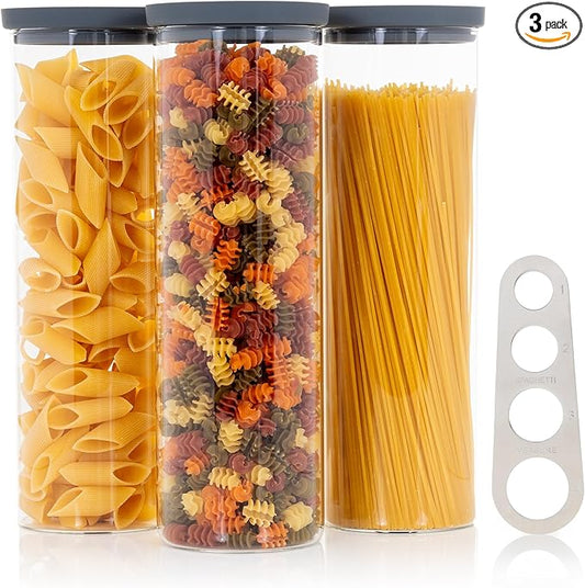 Glass Spaghetti Containers with Airtight Silicone Lids – BPA-Free Pantry Storage Jars for Pasta, Rice, Flour, and Dry Foods – Set of 3 with Portion Tool