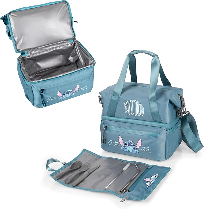 PICNIC TIME Disney Lilo & Stitch Tarana Insulated Lunch Bag Made from Recycled Material, Lunch Box with Picnic Set, Upcycled Lunch Cooler Bag, (Aurora Blue)