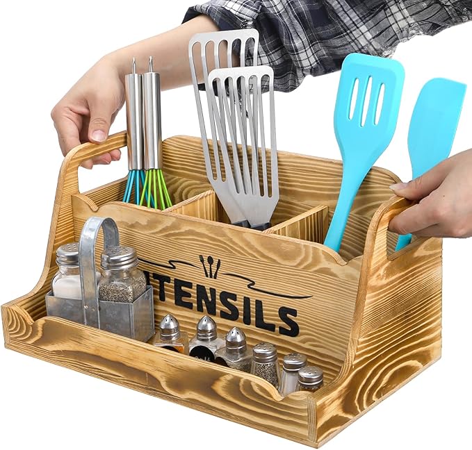 15" Kitchen Utensil Holder with Spice Bottles Tray, Extra Large Wood Countertop Utensil Organizer with Handles, 4 Compartment Cooking Tool Storage Caddy for Home Decor Gift
