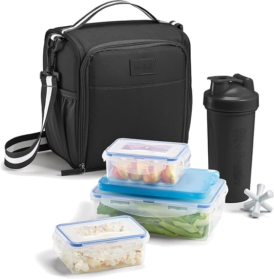 Fit & Fresh BREE Meal Prep Lunch Box With Containers, Ice Pack, and Shaker Bottle For Men and Women, 6pc. Meal Prep Kit Lunch Bag With Containers Included, Black
