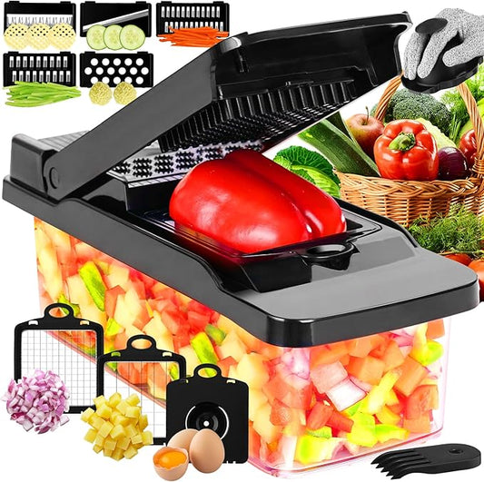 Vegetable Chopper Food Veggie Onion Chopper Kitchen Vegetable Slicer with Container Salad Cutter Multi All-in-1 Kitchen Gadgets Cheese Grater Includes Hand Guards and Gloves