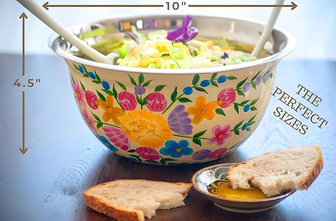 Large Hand Painted Stainless Steel Fruit Bowl - Decorative Floral for Salad Mixing and Serving - Traditional Kashmiri Art for Home Decor (Cream)