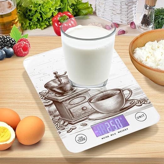 Food Scale Kitchen Digital Scale Food Ounces and Grams Dieting Baking Cooking Waterproof Glass Panels LCD Display,4 Units Scale Tare Function Coffee Time Brown