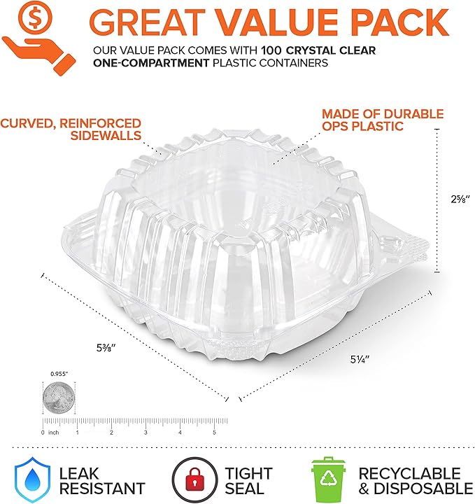Disposable Plastic To Go Containers with Clear Lids (100 Pack) Fancy Hinged Top Square Clamshell Food Boxes for Take Out, Home Party Togo Clam Shell Box to Carry Cake, Dessert, Small Sandwich
