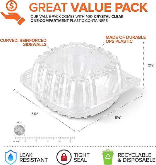 Disposable Plastic To Go Containers with Clear Lids (100 Pack) Fancy Hinged Top Square Clamshell Food Boxes for Take Out, Home Party Togo Clam Shell Box to Carry Cake, Dessert, Small Sandwich