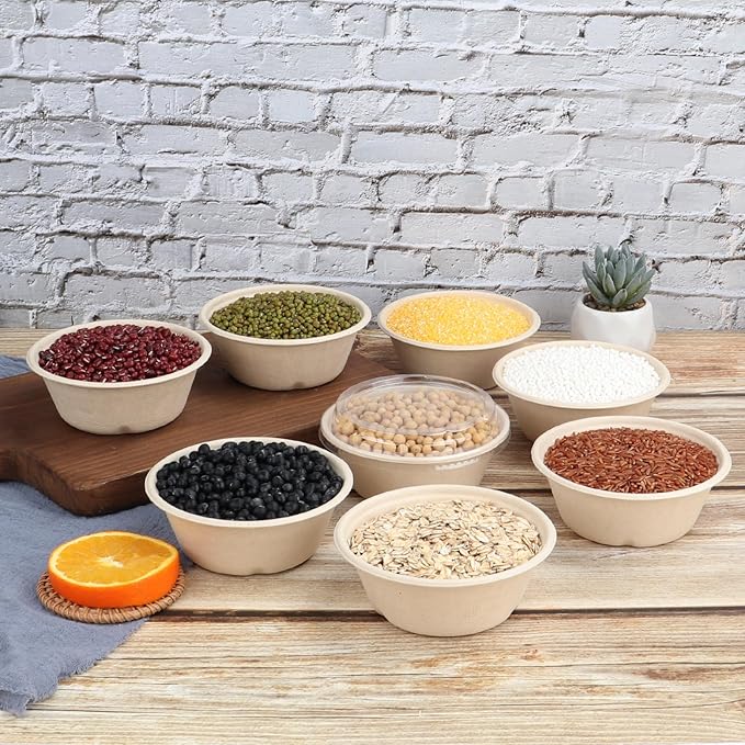 10 oz Round Disposable salad bowls with lids, Sugarcane Fiber Paper Bowls take away food containers Plant Fibers Freezer Safe 50 Pack