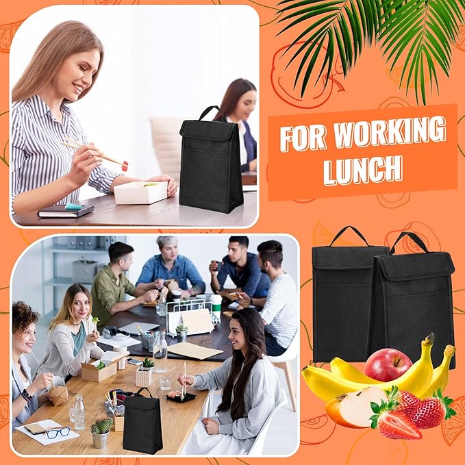 Cunno 30 Pcs Hook and Loop Insulated Bags for lunch Bulk Black Reusable Cooler Bags Waterproof Bags Bulk with Foil Thermal for Women Men Office Picnic Travel