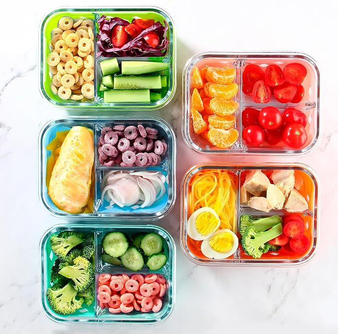 5 Pack Glass Meal Prep Containers 3 Compartment with Lids, Divided Glass Storage Containers with Silicone Sleeve for Lunch, Leak-Proof Portion Control Food Containers, Dishwasher Safe, 34 oz