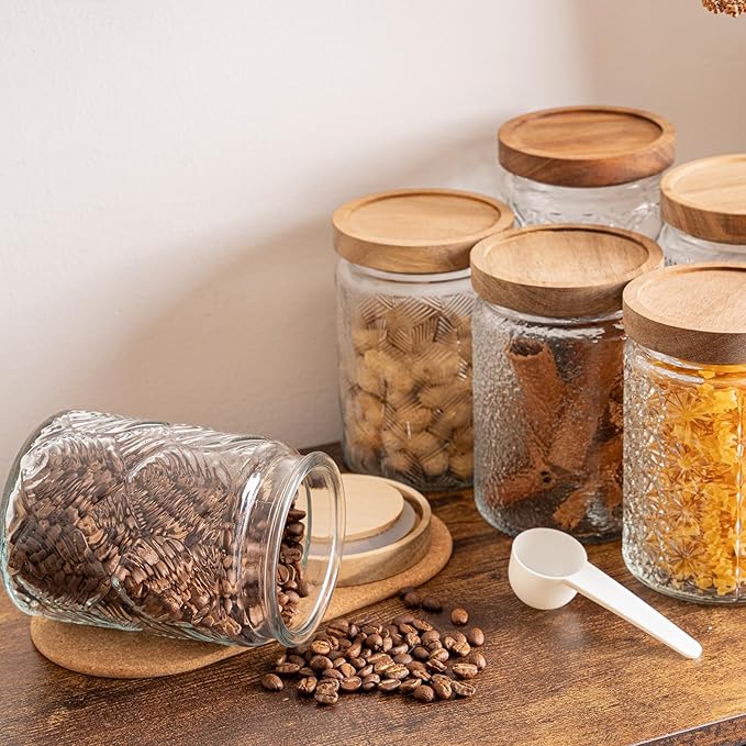 Glass Storage Jars 6 Pack 700ml(24oz) Multipurpose Vintage Storage Bottle with Wooden Lid Seal for Coffee, Nuts, Candies, Cereal, Cookies, Spices, Flour, and More. (6 Pack-700ml-Style B)