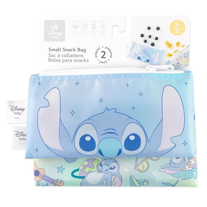 Bumkins Reusable Snack Bags, for Kids School Lunch and for Adults Portion, Washable Fabric, Waterproof Cloth Zip Bag, Supplies Travel Pouch, Food-Safe Storage, 2-pk Disney Stitch