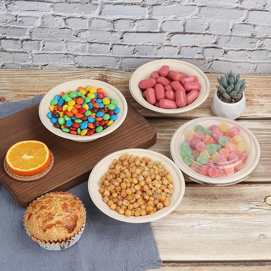 12 oz Round Disposable salad bowls with lids, Sugarcane Fiber Paper Bowls Plant Fibers Freezer Safe 50 Pack