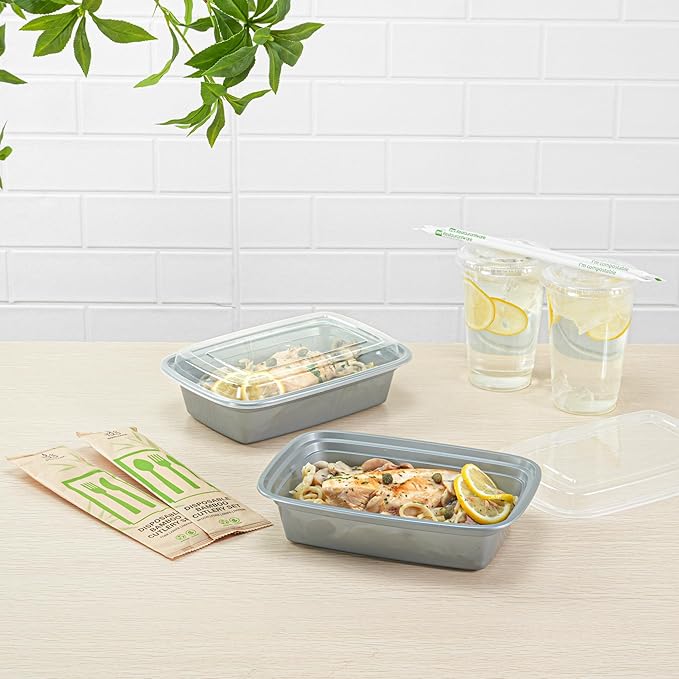 Restaurantware Asporto 38 Ounce Take Out Containers, 100 Food Containers With Lids - Microwavable, Disposable, Silver Plastic To Go Food Containers, No BPA, For Take Out And Delivery