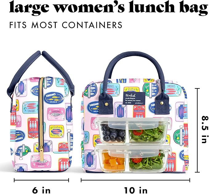 Fit & Fresh Lunch Bag For Women, Insulated Womens Lunch Bag For Work, Leak Resistant & Stain-Resistant Large Lunch Box For Women With Containers, Zipper Closure Bloomington Bag, Multicolored Sardines