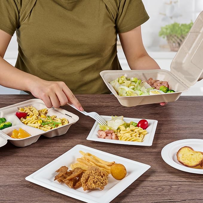 ECOLipak 50 Pack Clamshell To Go Containers, 100% Compostable Disposable Take Out Food Containers, 8X8 inch Heavy-Duty To Go Boxes, Eco-Friendly Biodegradable Take Out Containers For Food