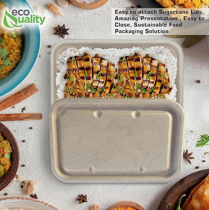 EcoQuality 24oz Disposable Bowls with Fiber Lids - Rectangular Compostable Sugarcane Fiber Biodegradable Paper Bowls Eco-Friendly Take Out Food Storage Containers, Microwave Safe, Meal Prep (200)