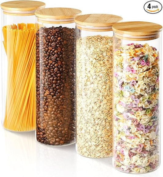 60oz Glass Storage Containers with Lids for Pasta Spaghetti, Tall Glass Jars with Airtight Wood Lids, Kitchen Food Storage Pantry Jars, For Cookies Flour Cereal Sugar Tea Coffee Beans (Set of 4)