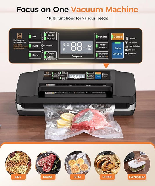 95kpa Vacuum Sealer Machine,Commercial Full Automatic Food Sealer,Powerful Sealing System with Double Heat Seal,Bags Storage, Easy-Lock Handle,Build-in Cutter,1 Bag Rolls & 10 pcs Pre-cut Bags(Silver）