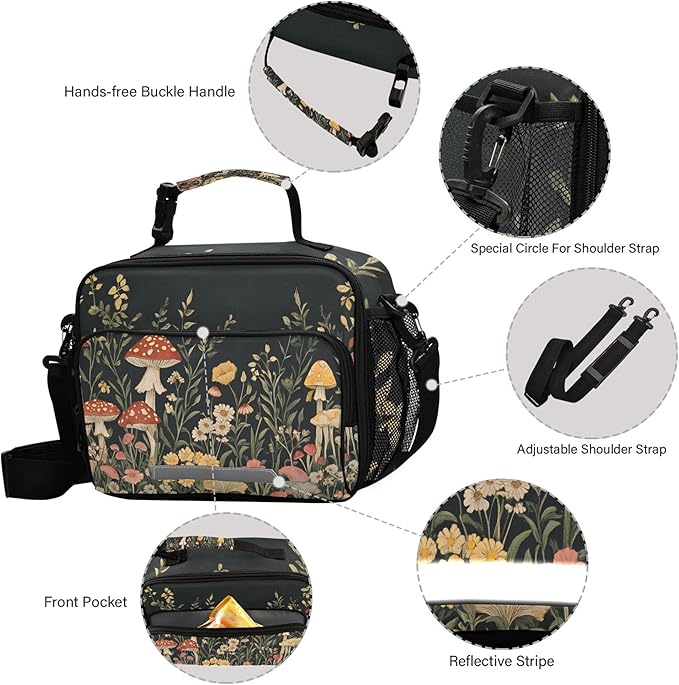 MNSRUU Student Lunch Bag Vintage Wildflower Mushrooms Insulated DinnerTotes Picnic Bag Lunch Box with Adjustable Shoulder Strap for Teen Kids Adults
