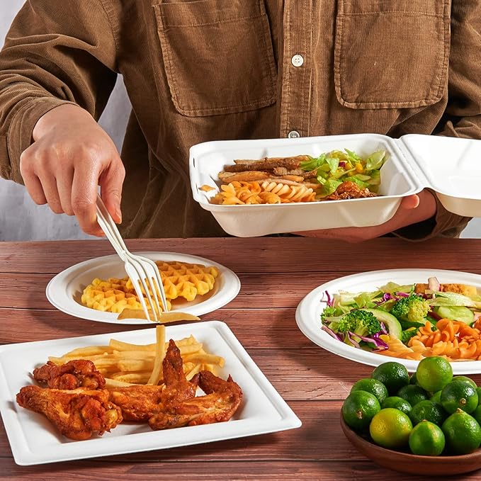 ECOLipak 50 Pack Clamshell Take Out Food Containers, 100% Compostable Disposable To Go Containers, 8X8 inch Heavy-Duty To Go Boxes for Food