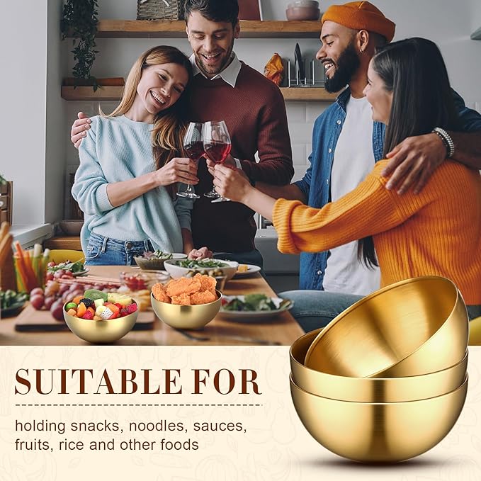Nuogo 6 Pack Stainless Steel Gold Mixing Bowls Gold Esthetician Bowls for Wedding Party Facial Cereal Rice Noddle Snack Fruit Cereal Snack Appetizer Cooking Baking Serving(7.9 Inches)