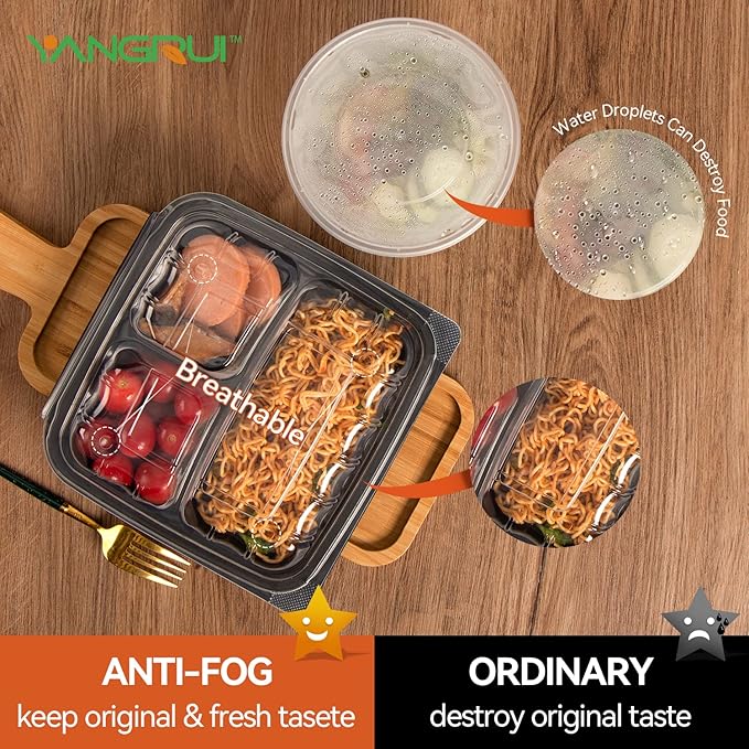 YANGRUI To Go Containers, Reusable Anti-Fog Leak Proof Shrink Wrap 25 Pack 34 oz 8 Inch 3 Compartment Clamshell Take Out Container BPA Free Pure PP Meterial Microwave Freezer Safe Meal Prep Boxes