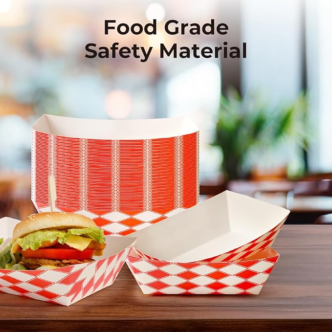 Fit Meal Prep [250 Pack 3 lb Paper Food Boats Heavy Duty Disposable Food Trays, Red Check Nacho Tray for Parties Fairs Picnics Carnivals, Holds Tacos Nachos Fries Hot Dogs Grease Resistant