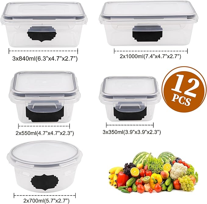 12-Piece Set of Clear Plastic Food Storage Containers with Gasket Seal Box Lids, 12 Containers and 12 Lids, Leak Proof Stackable, For Kitchen Fridge, Meal Prep Lunch Containers